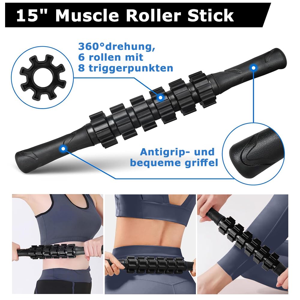 Faszienrolle, Qveetry 6 in 1 Foam Roller Faszienrolle Sets mit Massageroller Stab, Widerstandsbänder Krafttraining, Massageball, Fitnessbänder, 33cm Schaumstoffrolle für Yoga Pilates Sport