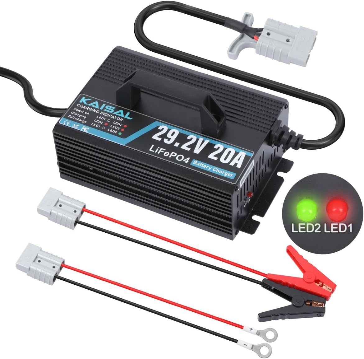 24V 20A Lithium Battery Charger 29.2V LiFePO4 Battery Charger 24 Volt Lithium Charger 0V Wake Up LiFePO4 Charger with Indicators, 2 Connectors for 25.6V LiFePO4 Battery of RV, Boat,Truck,Marine, Solar