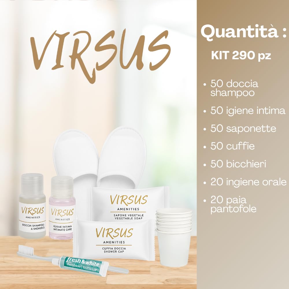 Virsus 290 Pezzi Kit Cortesia SUPERIOR: 50 Flaconi Igiene intima 20ml, 50 Flaconi Doccia Shampoo 20ml, 50 cuffie, 50 Saponette, 50 Bicchieri Imbustati, 20 Paia Pantofole, 20 Set Denti, Linea cortesia
