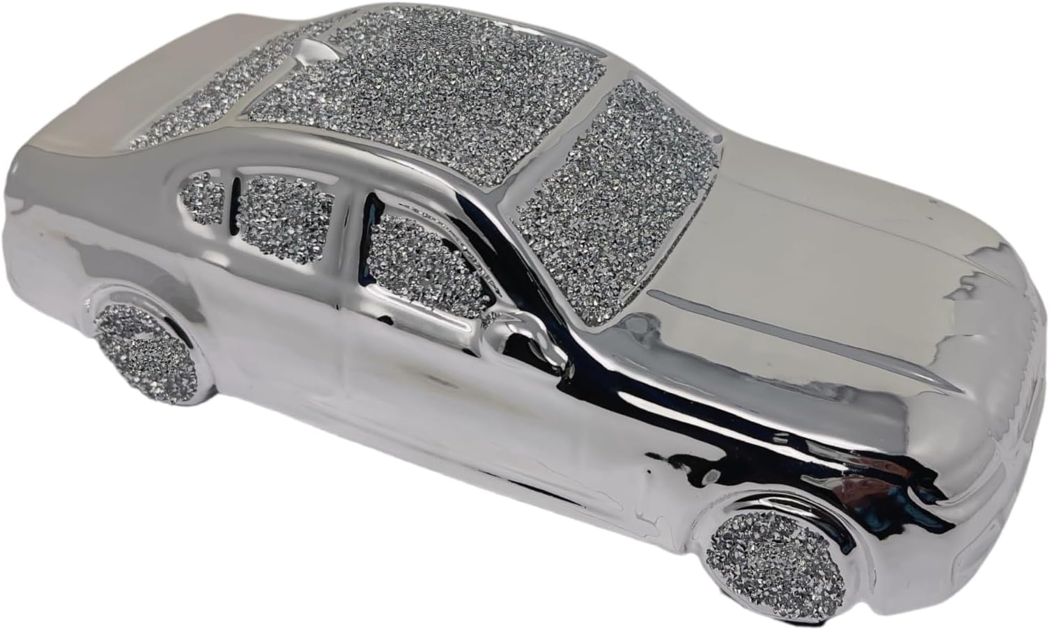 Silver Crushed Diamond Ceramic Motor Car Ornament - Luxurious And Glamorous Look - Gift For Car Enthusiasts - Length: 30 CMS