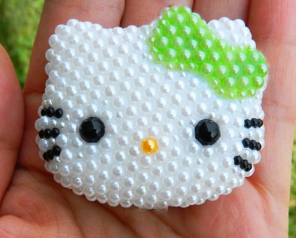 LOVEKITTY - 1 pc Large Light Green Bow 100% Handcrafted Pearled Out Kitty Face Resin Cabochon - by lovekitty