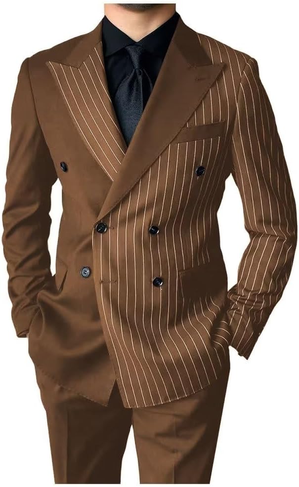 HZUOU Men's 2 Piece Striped Suits Slim Fit 2023 Autumn Double Breasted Blazer Jacket Pants Set for Wedding Prom Party UOU35