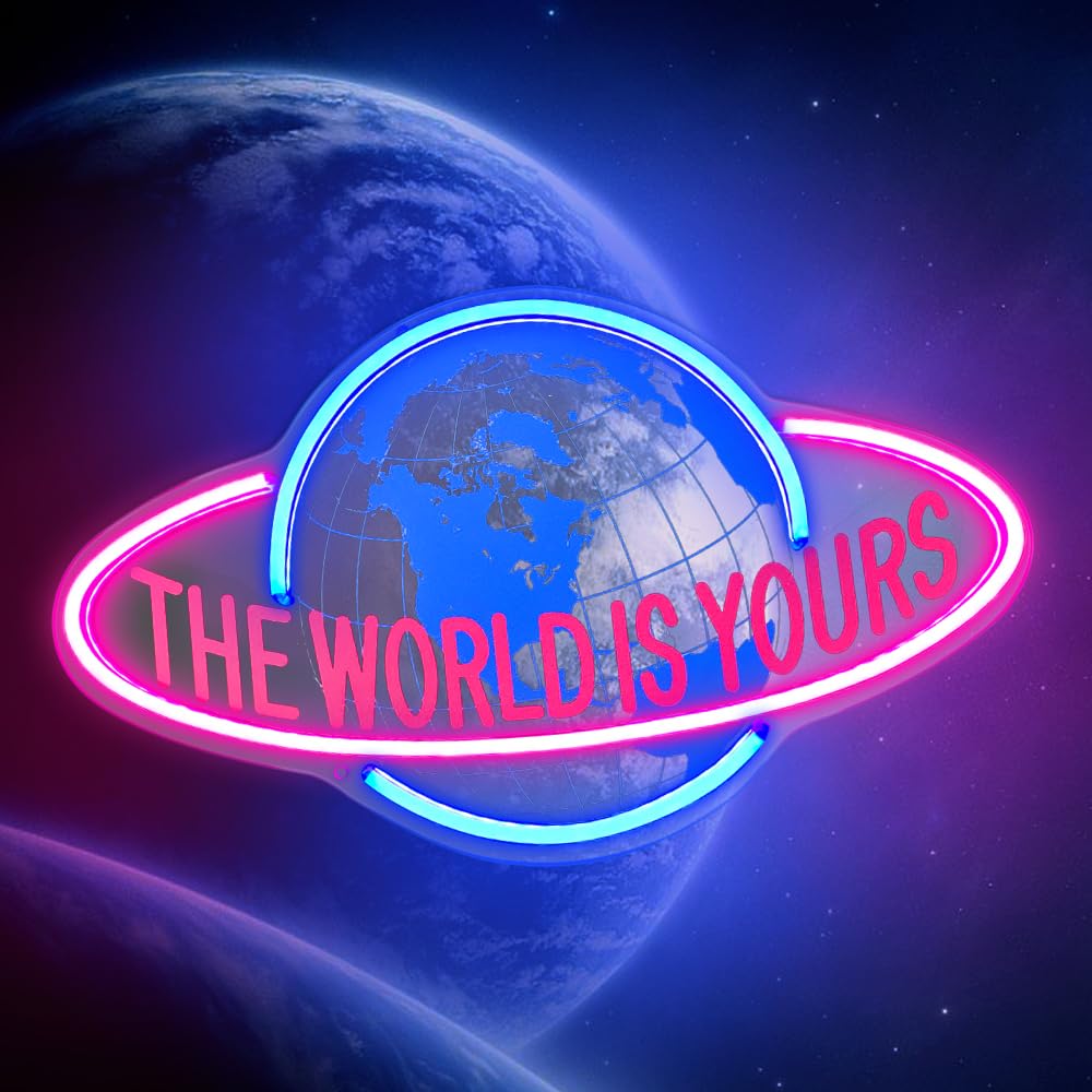 THE WORLD IS YOURS Neon Sign for Wall Decor, Cool Planet Design for Bedroom, Game Room, Girls Room, Dimmable LED Word Lights for Office, Graduation Party, Birthday Gifts 15.7