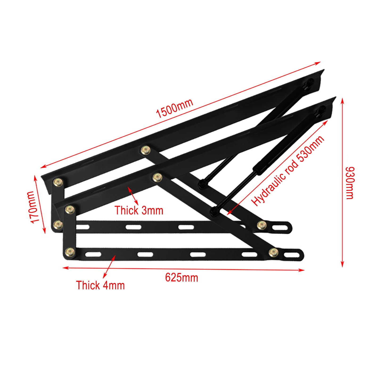 Kit di sollevamento for letto pieghevole con molla a gas, for impieghi gravosi, kit for a, ferramenta for mobili(Black,1500mm)