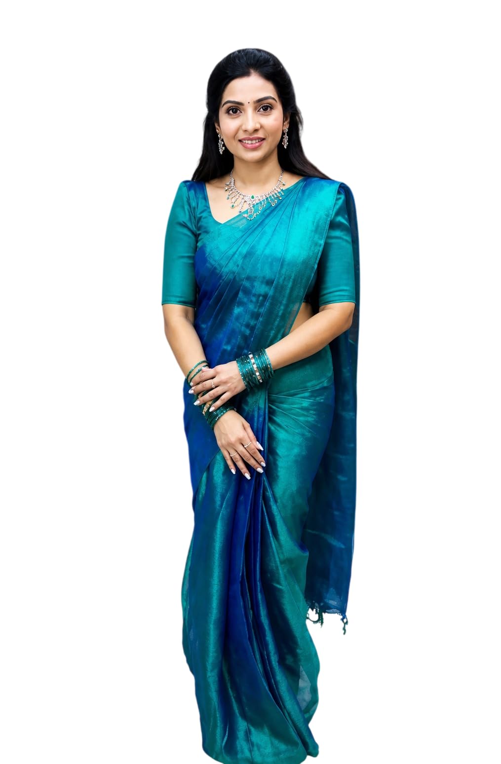TANTSHREE Tissue Silk Saree with Blouse Piece, Teal and Blue, Premium Special Occasions Saree-image-30