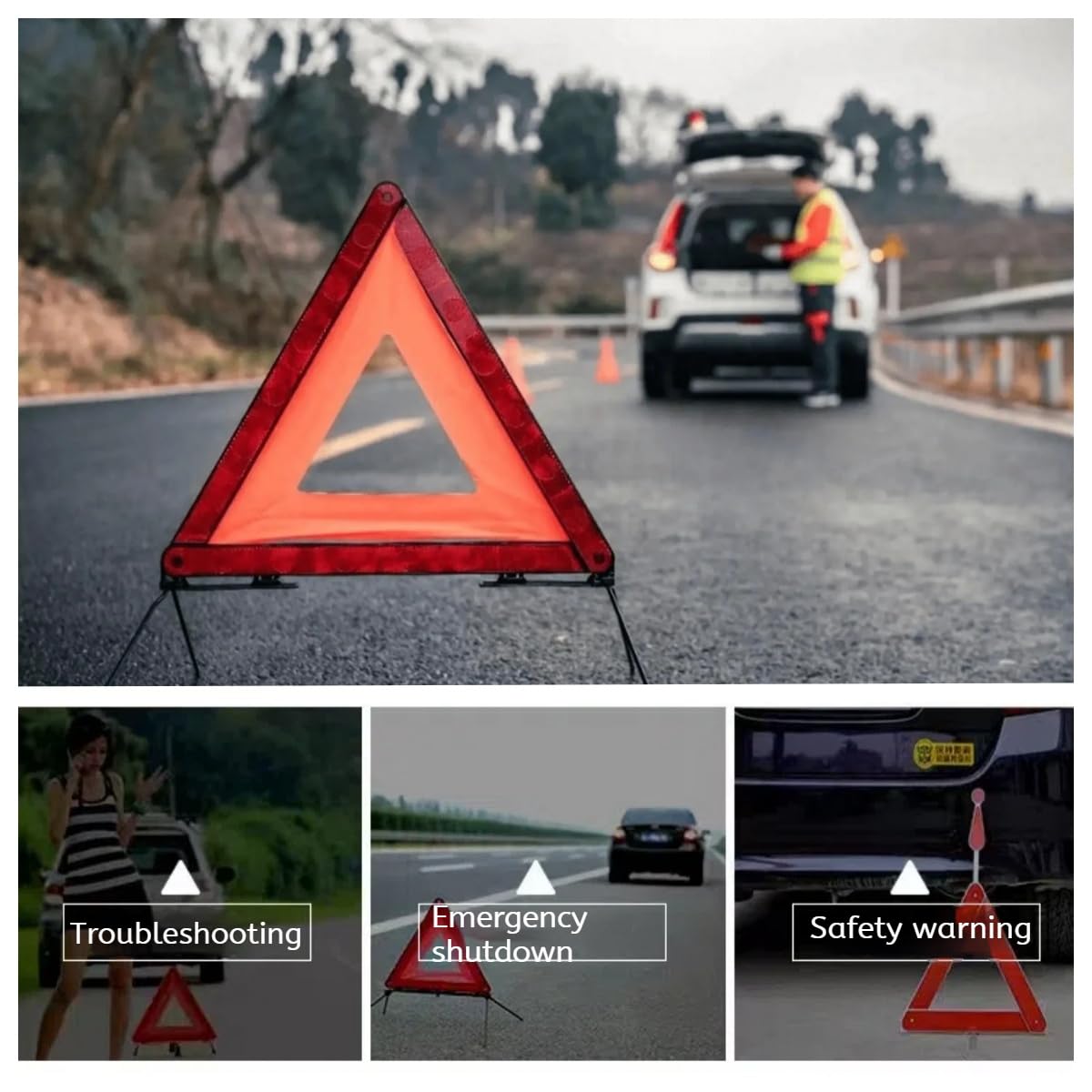 Triangle 6 en 1 et Gilet Jaune pour Voiture, Triangle de Voiture, Triangle de signalisation réfléchissant 360 degrés, Gilet de signalisation, Triangle Pliable