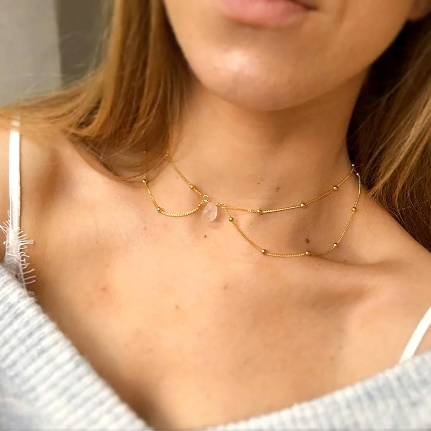 Vintage Layered Bead Chain Choker Necklace Gold Teardrop Gemstone Necklace Beaded Satellite Necklace Crystal Waterdrop Necklace Opal Chain Necklace Jewelry for Women - Image 5