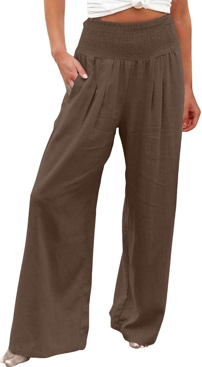 LRMQS Linen Wide Leg Pants Women Summer Casual Drawstring Elastic High Waist Trousers Resort Wear Beach Trendy Palazzo Pant