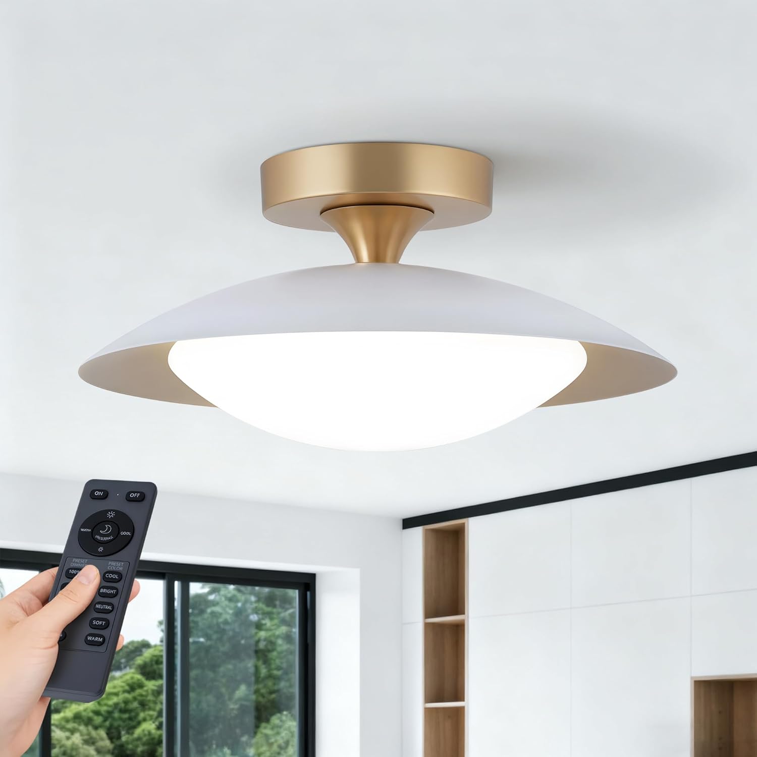 FTL Modern LED Semi Flush Mount Ceiling Light Fixture with Remote 5CCT 2700K-6500K Dimmable Mid Century White LED Ceiling Lights 11.8in Close to Ceiling Light Fixture for Kitchen Hallway Laundry Room