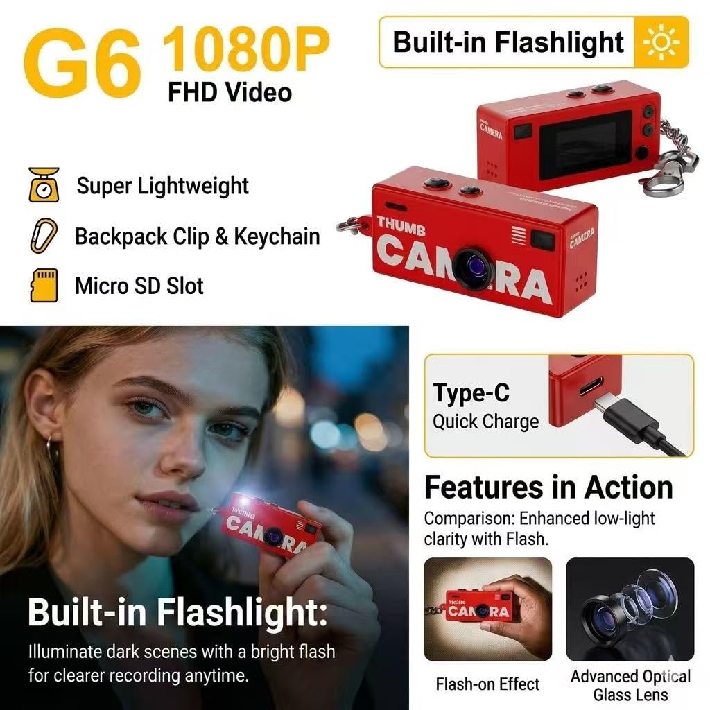 Mini Digital Camera 1080P HD - Smallest Retro Pocket Camcorder With 0.96" Screen, Portable Thumb Keychain Camera For Backpack, Wearable Body Camera For Kids, Vlogging, Travel, Study & Gift(Red)