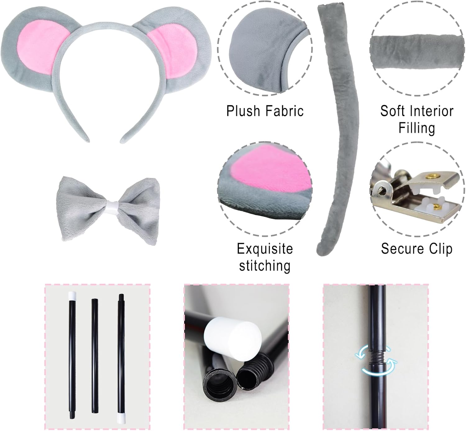 3 Set Mice Costume Accessories, Plush Mouse Ears & Tail Blind Cane Sunglasses Bow Tie Gloves for Women Family Halloween Party
