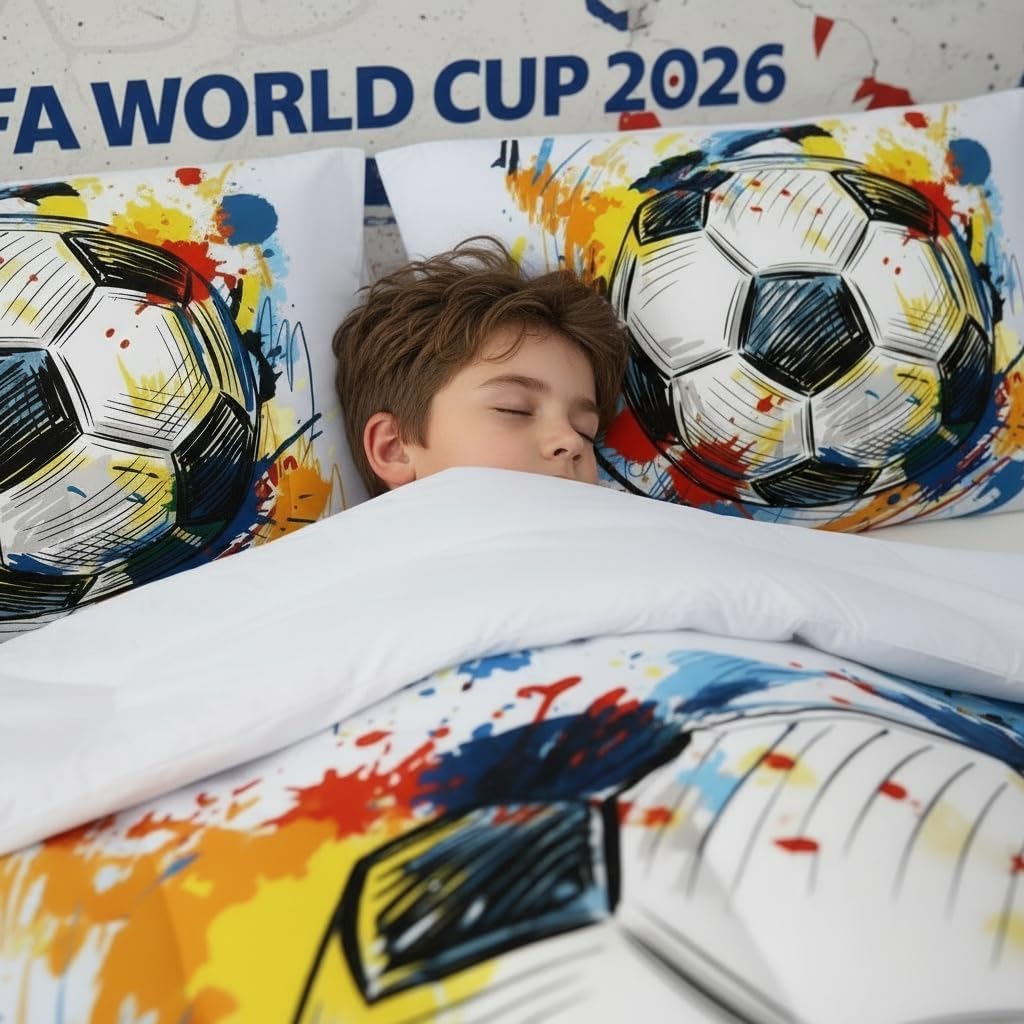 BSNTHO Soccer Comforter Set Boys Sports Bedding Set Twin Size for Kids Teens Hand Drawn Football Graffiti Style Comforter Design 3 Piece with 1 Comforter 2 Pillowcases