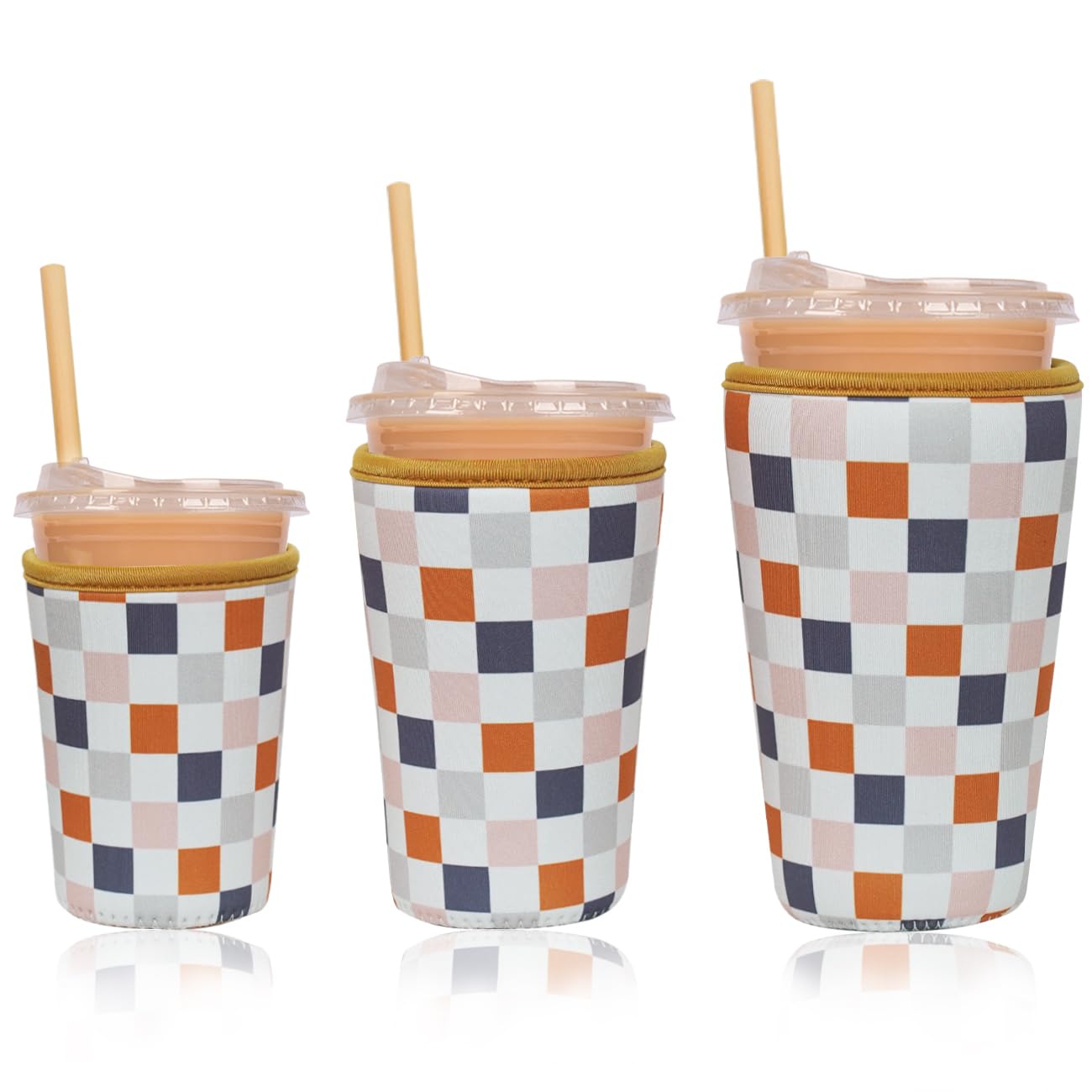 Reusable Insulated Neoprene Iced Coffee Cup Sleeve, Durable Drink Sleeve for Cold Beverages, Beverage Holder for Iced Coffee (Muted Grid)
