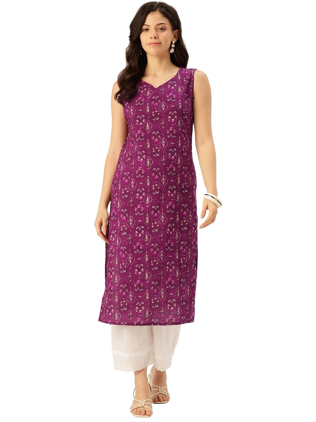 feranoid Women's Pure Cotton Floral Print Straight Kurti | Elegant Curved V-Neck | Sleeveless Calf-Length Ethnic Wear | Comfortable Regular Fit | Sizes XS–XXL-picture-16