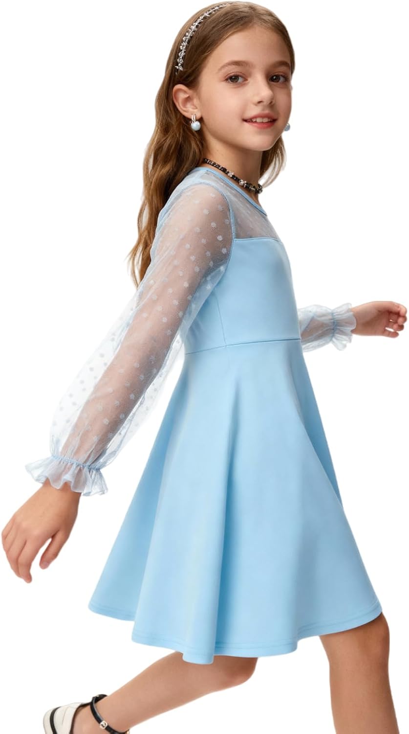 Girls Christmas Dress Girls Contrast Mesh Long Sleeve High Waist Party Formal A Line Short Tulle Dress 5-14 Years - Image 3