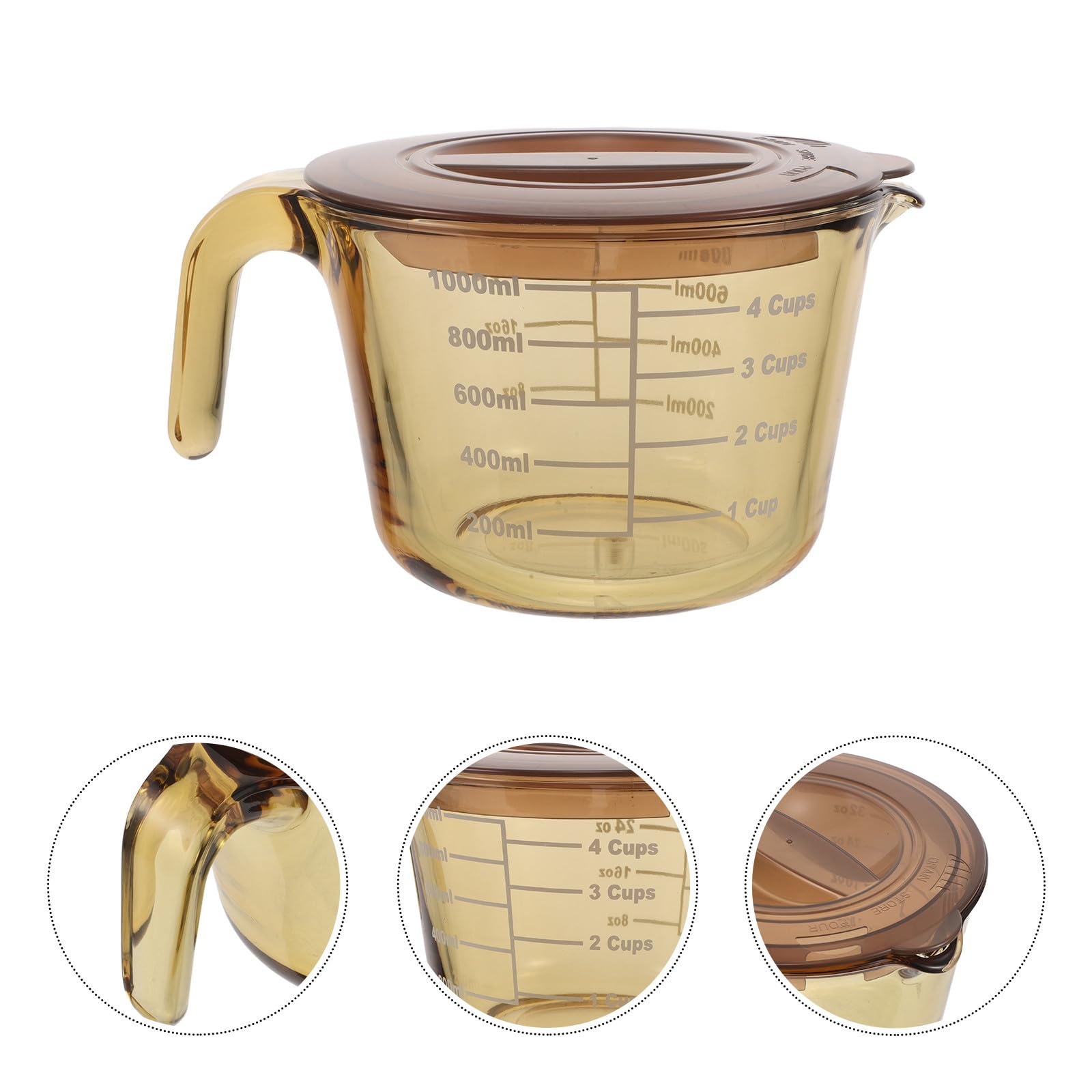 Vaso Medidor de Vidrio de 1000ml con Tapa y Vertedor para Repostería | Graduación Visible, Protección de Frescura, Fácil Limpieza, Color Amarillo, Uso en Cocina y Horneado