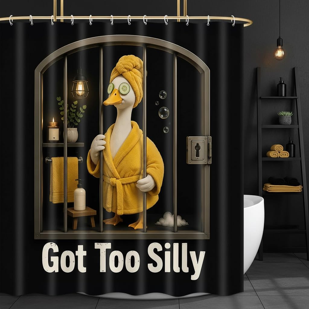 JAWO Cute Goose Shower Curtain, Got Too Silly,Spa Goose with Yellow Robe, Funny Animal Themed Bathroom Decor,Humorous Novelty Bathroom Decor for Teens & Adults,Yellow,12pcs Hooks,69X70 in