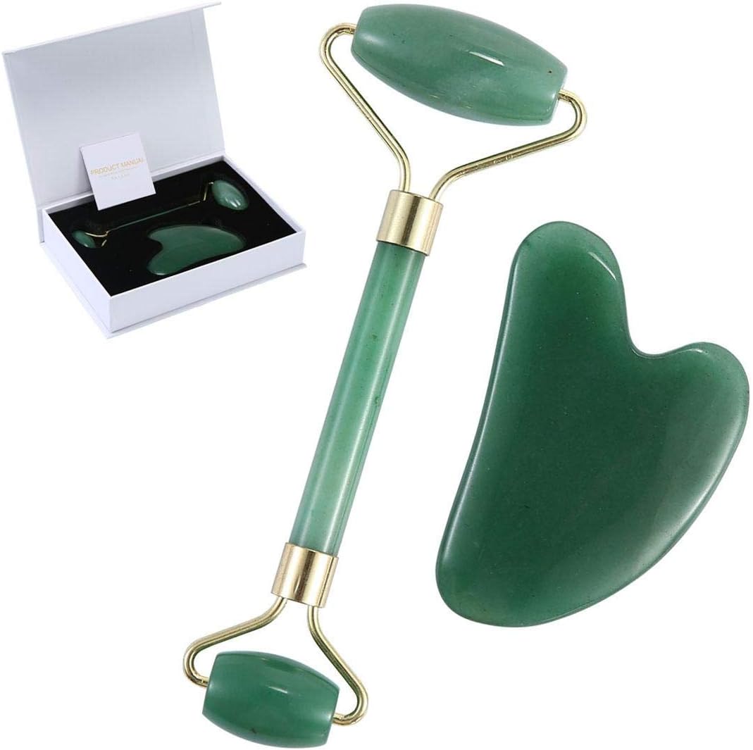 WomdeeJade Roller for Face, Real Natural Gua Sha Tools Set - Anti Aging Facial Massager, No Squeaks Tool for Skin Rejuvenate Therapy Puffiness Treatments, Massage, Anti Aging, Exfoliation, Puffiness