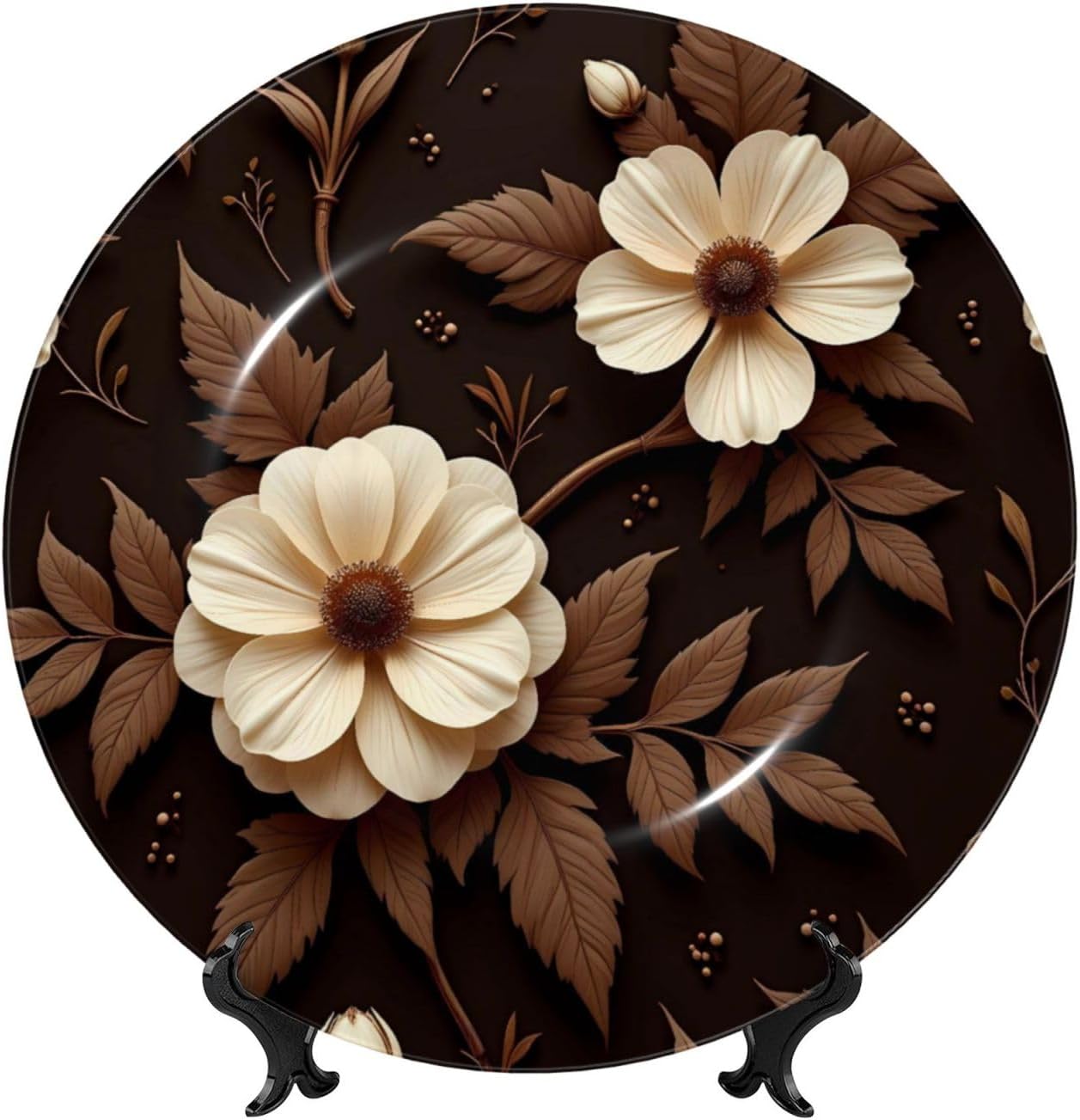 Golden Floral Pattern Style Ceramic Plate Display Decorative Plate With Stand Wall Hanging Plate For Home Decor 10 Inch