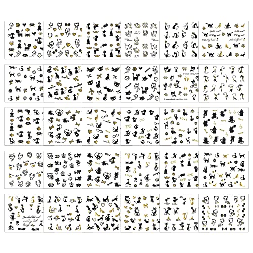Danneasy 750 Pieces Cute Nail Stickers Self Adhesive Nail Art Stickers Gold Foil Black Cat Nail Design Stickers For Women Kids 3D Nail Decoration (30 Sheets) #TOP1