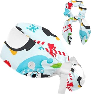 FVQL 2 Pieces Surgical Cap for Long Hair Scrub Cap with Hairband Nurse Cap, Cartoon Penguin Animal Snowflake