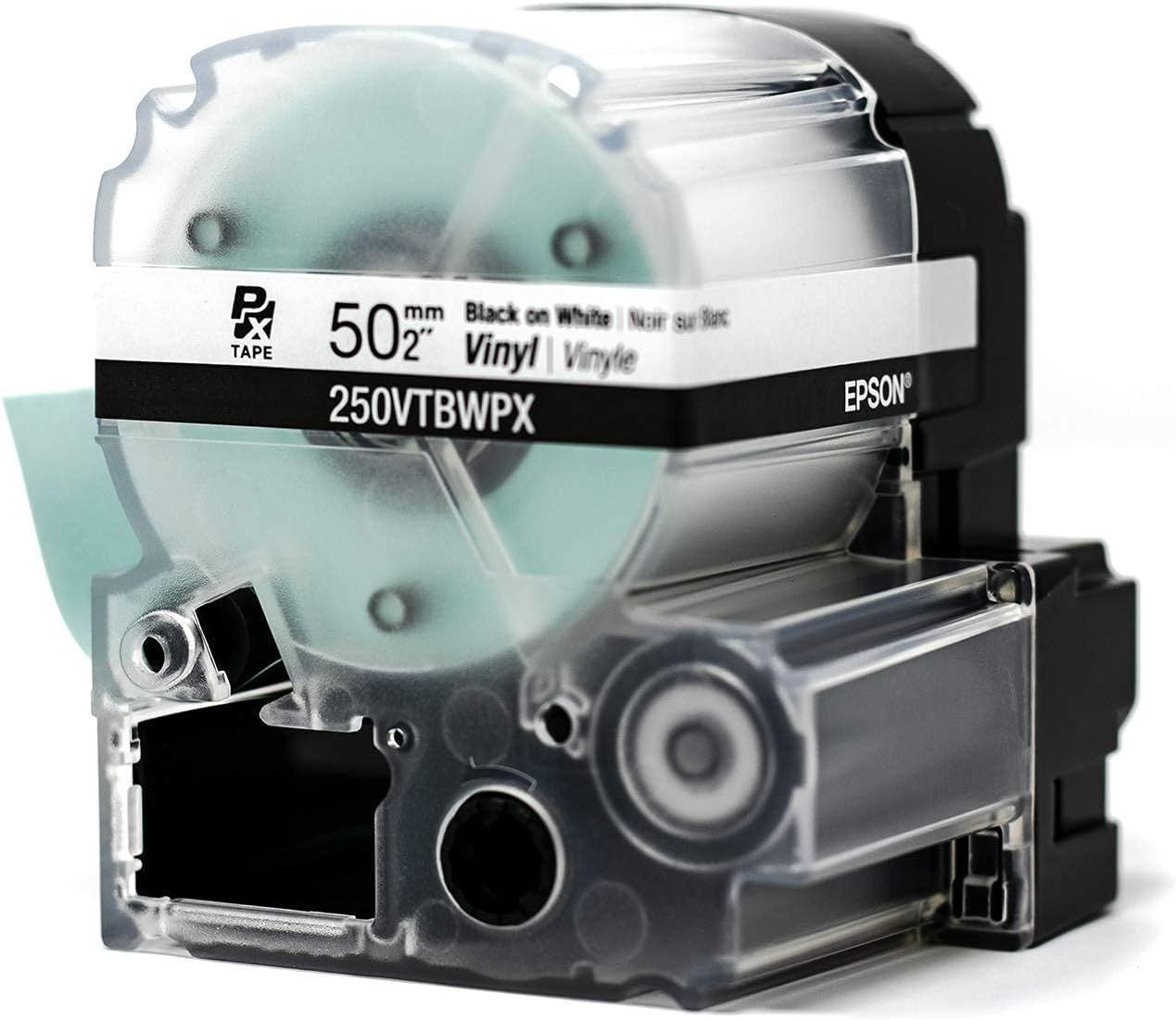 Epson LABELWORKS 250VTBWPX Genuine Vinyl Tape - Black on White Flexible and Durable Vinyl Industrial Label Maker Tape - 2" (50MM) Wide, 22.9 ft