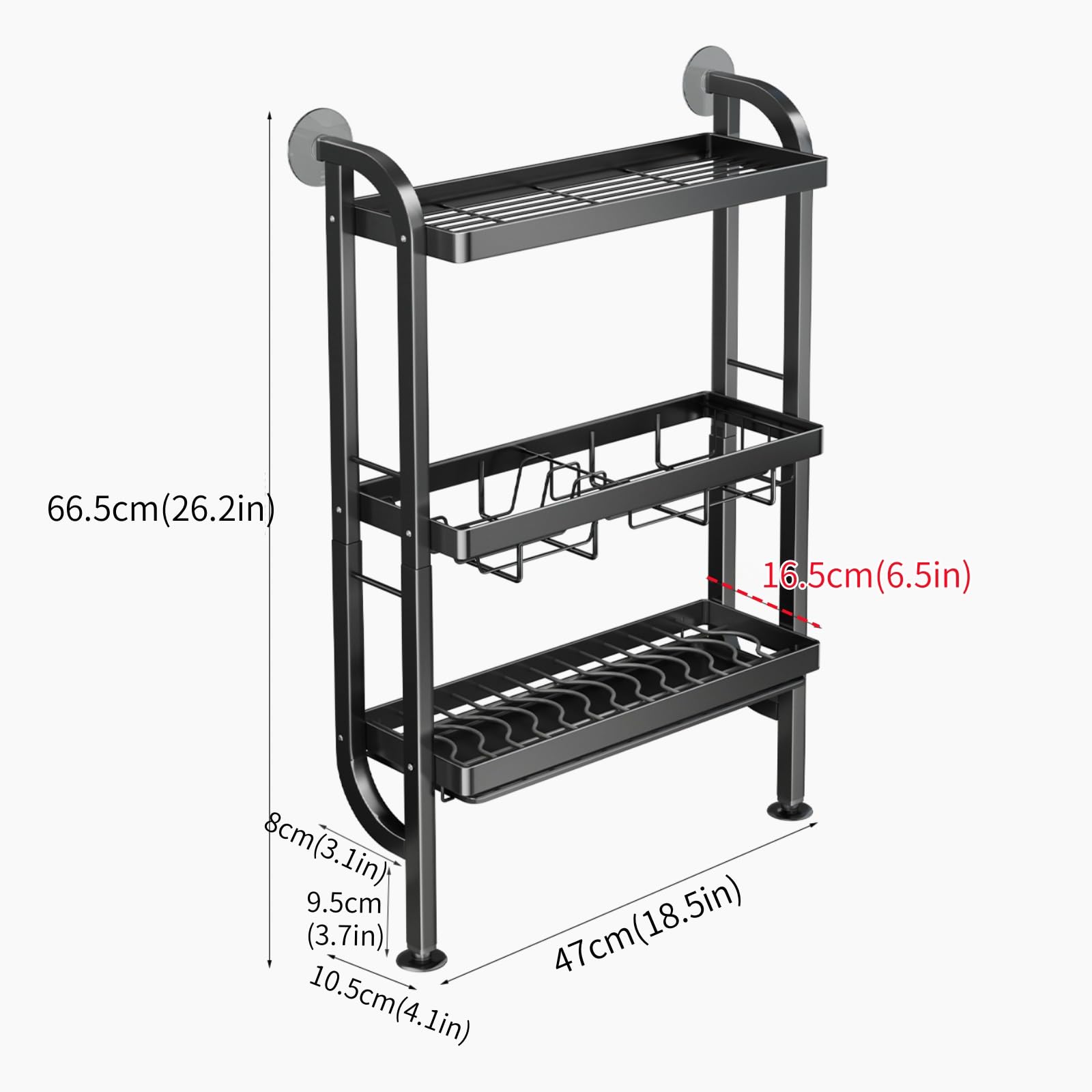 Escurridor de platos de 3 niveles sobre el fregadero con bandeja de goteo y soporte para cubiertos, organizador de cocina que ahorra espacio para platos, cuencos y tazas, elegante diseño negro para