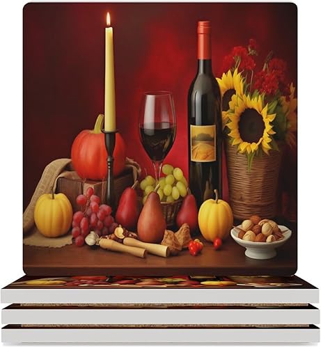 Miniatura 9 de Round-4 posavasos de cerámica para vino tinto, posavasos redondos absorbentes para bebidas, estilo vintage de madera, vino tinto, uvas, frutas y