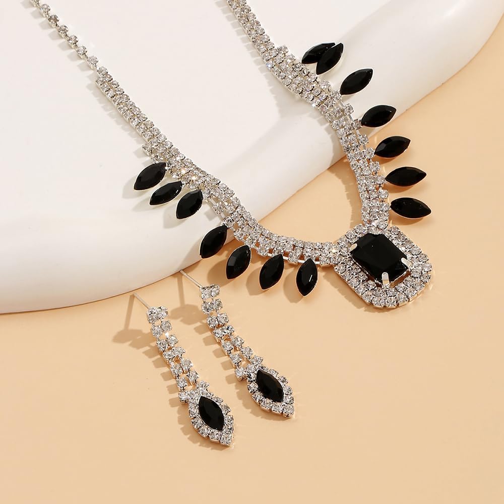 Boho Fashion Prom Shinny Luxury Black Rhinestones Choker Necklace Earrings Set Sexy Body Chain Choker Necklace Dainty Black Halloween Christmas Necklace for Women - Image 3