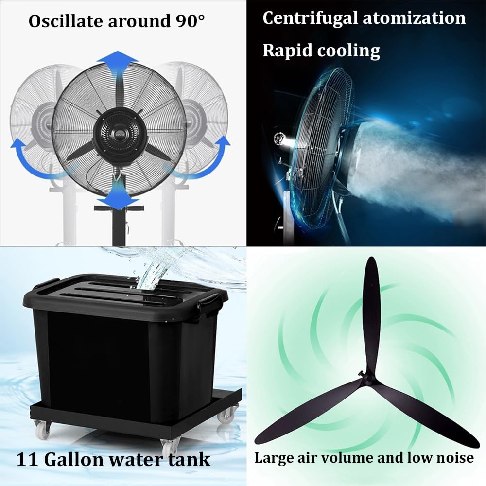 Ventilador de pedestal oscilante resistente con nebulización, 3 velocidades de refrigeración y tanque de 11 galones, oscilación de 90°, ventilador industrial de alta velocidad para refrigeración y