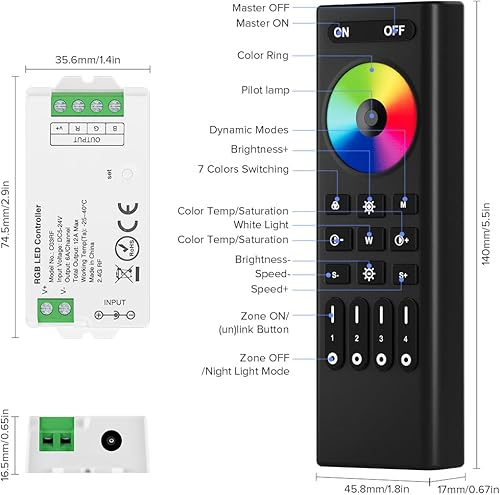 Miniatura 5 de BTF-LIGHTING 5050SMD FCOB COB RGB RF remoto RC03RFB y C03RF Kit de controlador 4 zonas RF 2.4GHz Control remoto inalámbrico de grupo PWM RGB (+ R G