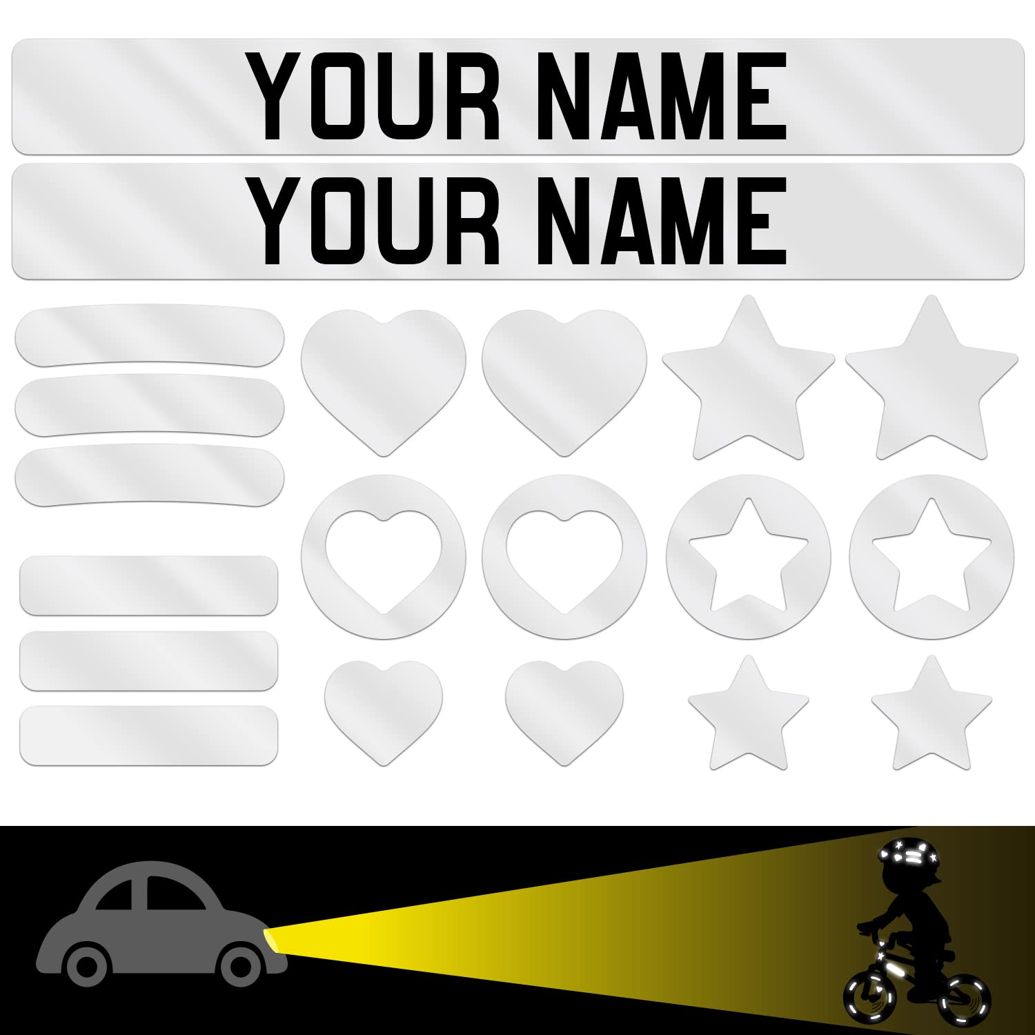 ETIKIDS Reflective Bike Name Stickers - 38 Custom Reflective Vinyl Stickers for Bicycle, Scooters, Skateboards, Helmets and Accessories (Shapes)