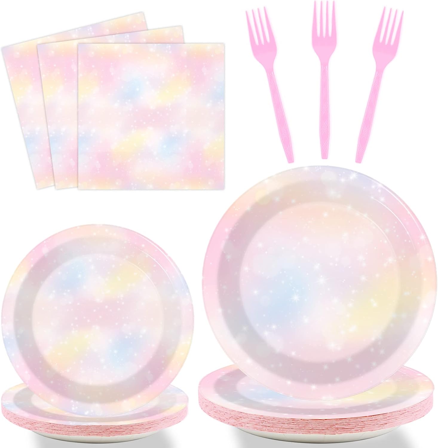 Tevxj 96PCS Pastel Rainbow Tableware Set Rainbow Birthday Dinnerware Disposable Plates Rainbow Cloud Party Plates Napkins Forks for Birthday Baby Shower Weddings Party Decorations Supplies 24 guests