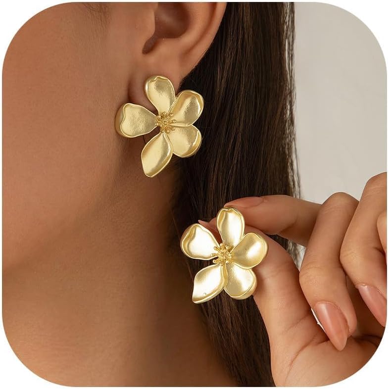 Flower Earrings Gold Dangle Statement Large Big Floral Earrings for Women Unique Floral Jewelry Summer Dresses Party Prom Beach Vacation Accessories Trendy Jewelry Gifts