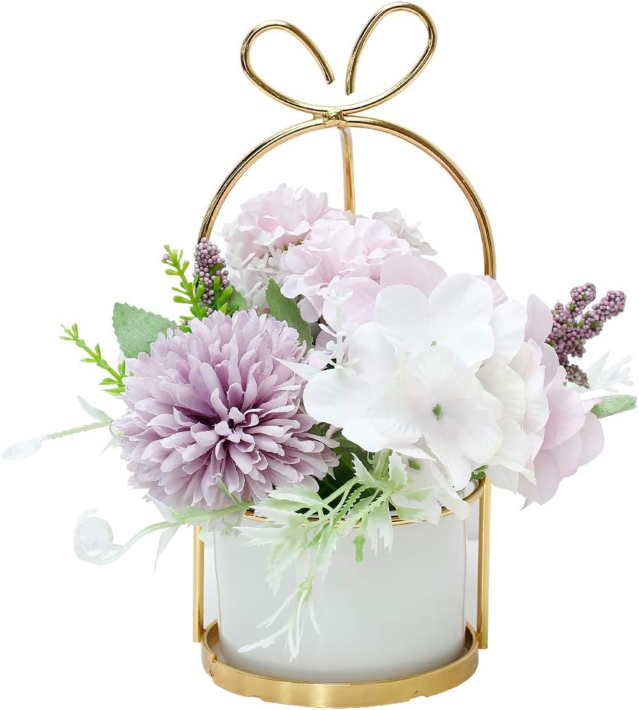 Artificial Flowers Hydrangea with Ceramic Vase Silk Chrysanthemum Mini Potted Fake Flowers Hanging Potted Plants for Wedding Home Office Decoration Pack of One (Purple)