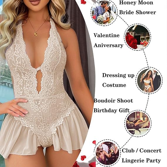WBDWWTD Nuisette Sexy pour Femme en Dentelle Florale - Body Dos Nu en V Profond - Une pièce Dos Nu - Chemise de Nuit Creuse - Jupe en Maille - Patchwork - Chemise de Nuit pour Femme pour la
