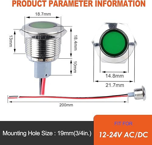 Miniatura 90 de 2 luces indicadoras LED de 0.630 in (5/8 pulgadas), 12-24 V AC/DC 20 mA ahorro de energía de metal impermeable IP67 lámpara piloto de una sola Verde
