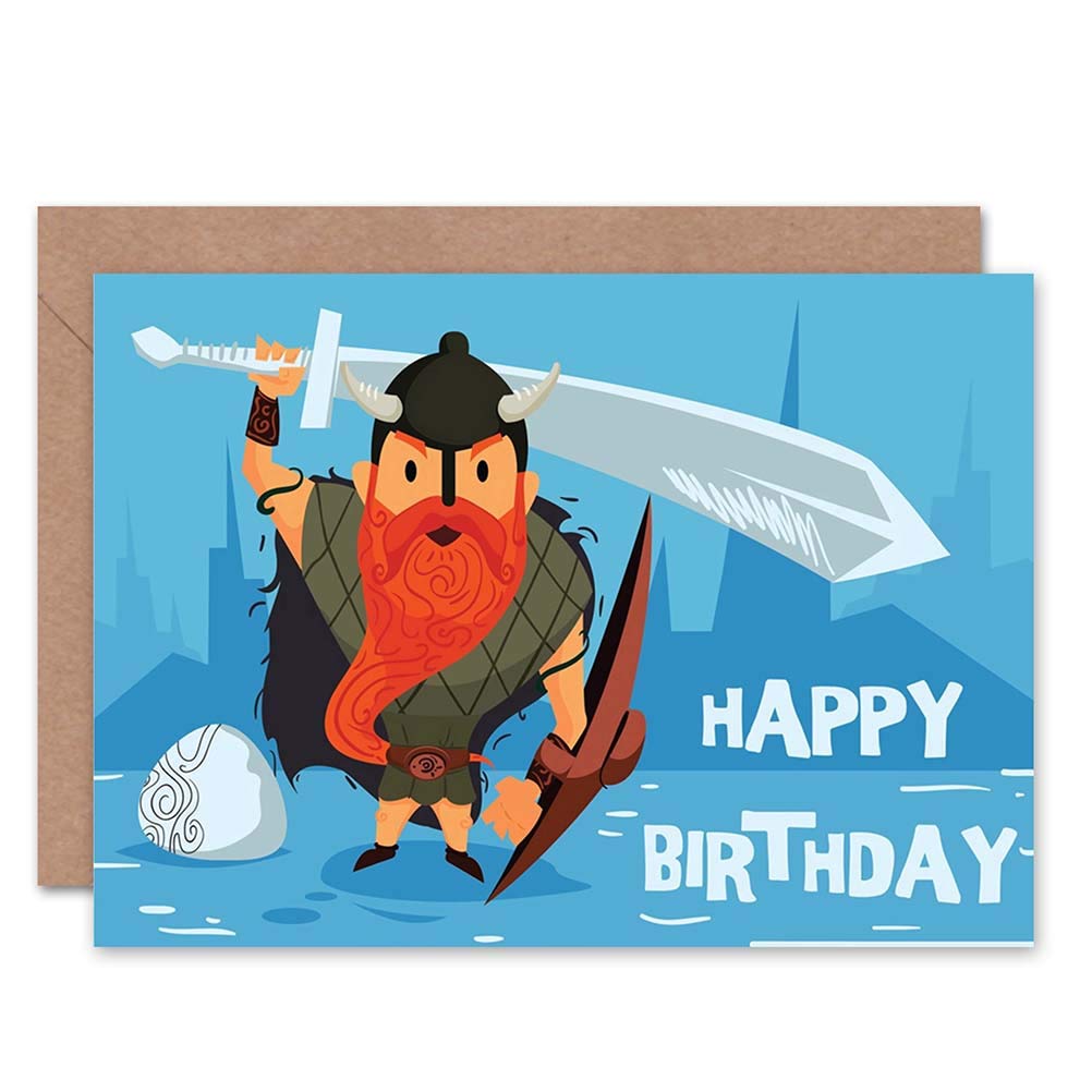 Artery8 Viking Warrior Sword Cartoon Kids Birthday Card