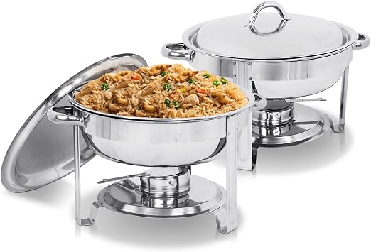 SUPER DEAL Upgraded 5 Qt Full Size Stainless Steel Chafing Dish Set of 2 Pack Round Chafer Buffet Catering Warmer Set w/Food and Water Pan, Lid, Solid Stand and Fuel Holder