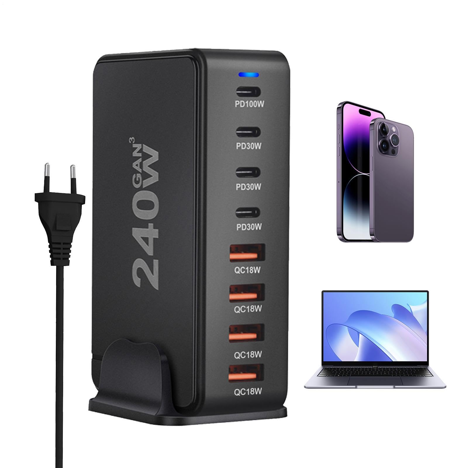 Cargador PD | Estación de carga PD de 8 puertos múltiples | Bloque de cargador USB C rápido compacto, enchufe rápido para ordenadores portátiles y tabletas