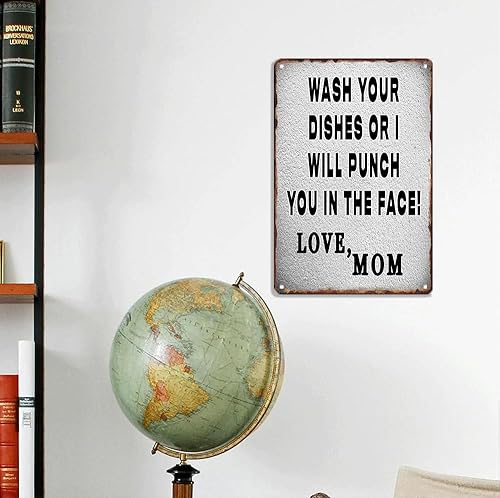 Miniatura 5 de Cartel de hojalata divertido con texto en inglés Wash Your Dishes Or I Will Punch You In The Face, Love Mom vintage, divertido arte de pared de