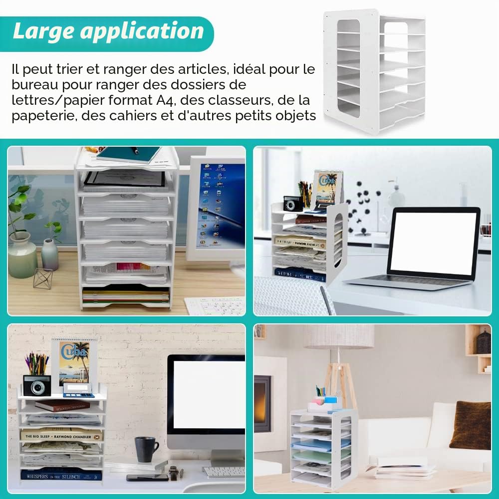 THATSRAD Bac à courrier, 7 Niveaux Organiseur de Bureau Bac de Rangement en PVC Module de Rangement Papier Bureau A4 Corbeille à Courrier Plateaux de Classement Fichier pour Bureau à Domicile