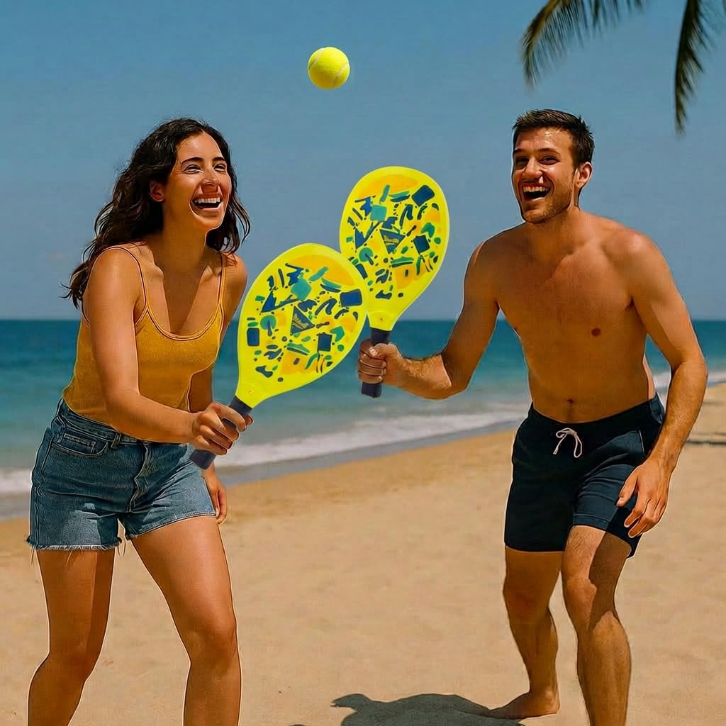 Coppia Racchette da Spiaggia Padel Beach Tennis con Pallina Morbida Set Racchettoni in Legno Mare, Spiaggia Piscina Mare Giardino, Beach Rackets Set N 2 Racchette, N 1 Pallina