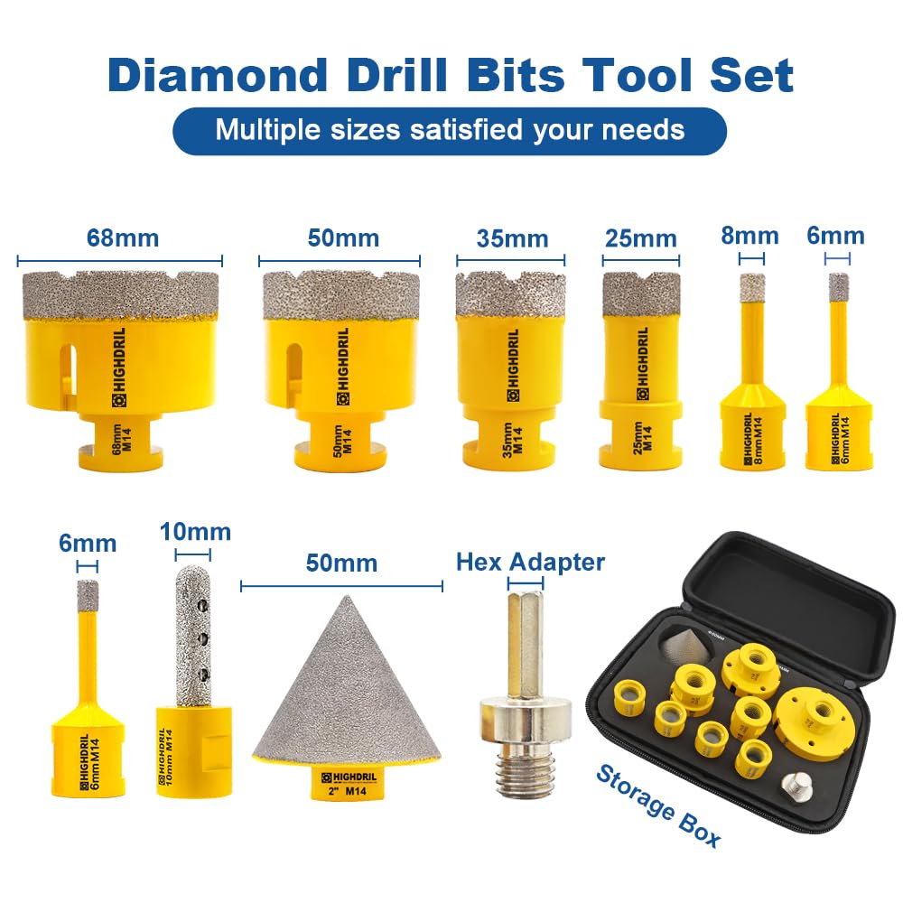 HIGHDRIL Diamond Hole Saw Kit, 6/6/8/25/35/50/68mm Drill Bits, 10mm Finger Bit, 50mm Chamfer Bit, HEX Adapter - Image 2