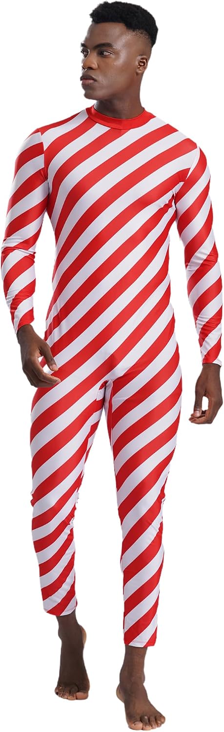 TiaoBug Mens Xmas Candy Cane Striped Unitard Long Sleeve Jumpsuit Ballet Dance Performance Costume