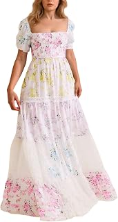 Vestido casual de mujer con estampado floral y mangas abullonadas, encaje, para uso diario, oficina, vacaciones, verano