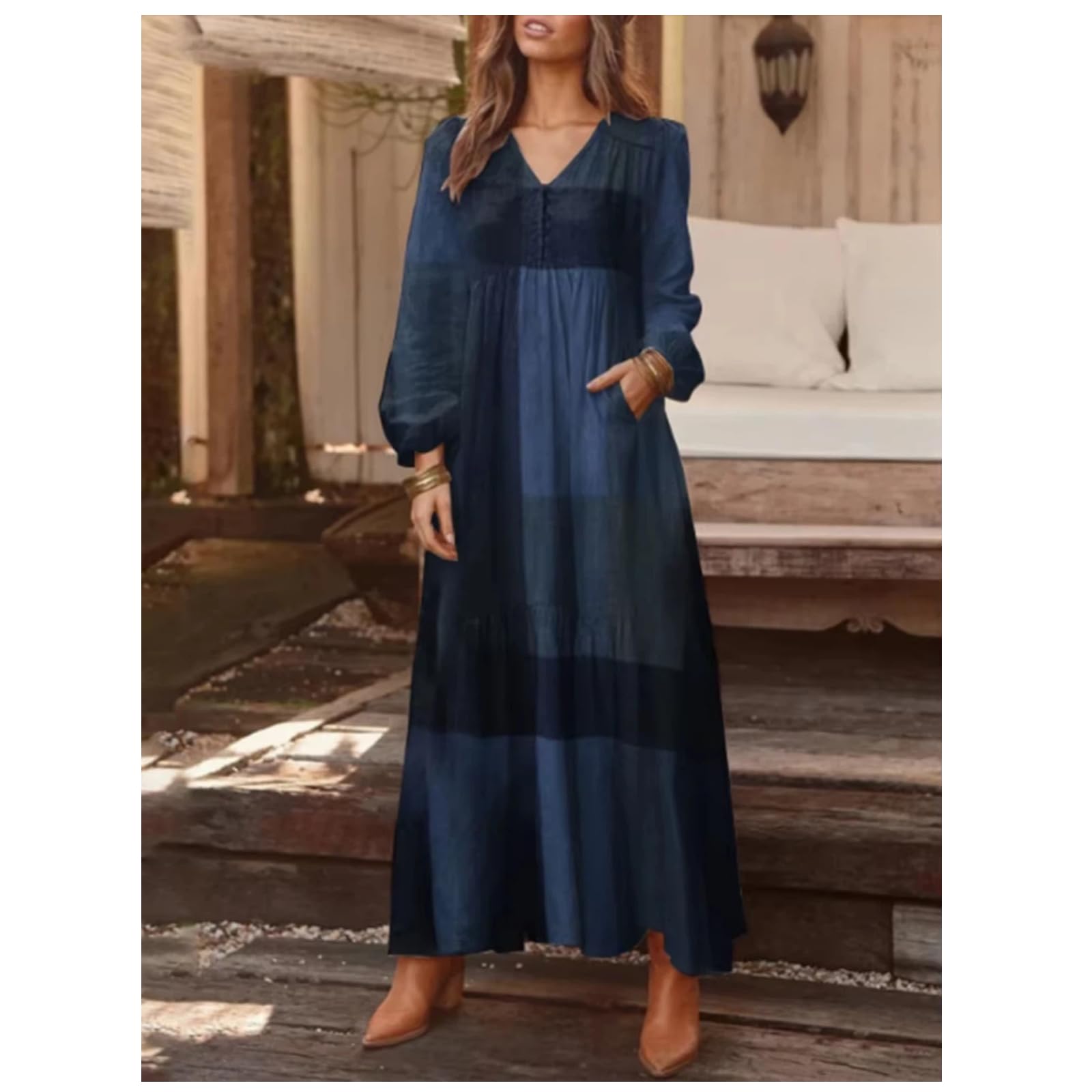 Vestidos Casuales de Mujer de Estilo Retro de Moda callejera con Escote en V y Manga Larga Estampados con Bloques de Color