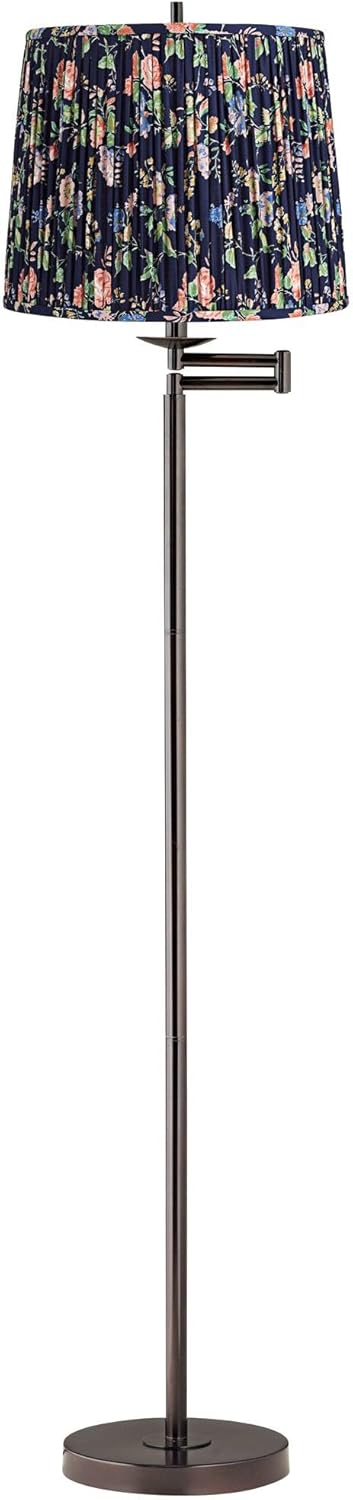 Regency Hill Gabrielle Modern 60 1/2" Tall Standing Floor Lamp Skinny Swing Arm Pole Adjustable Brown Metal Bronze Finish Living Room Bedroom House Reading Cottage Core Decor Navy Blue Pleated Shade