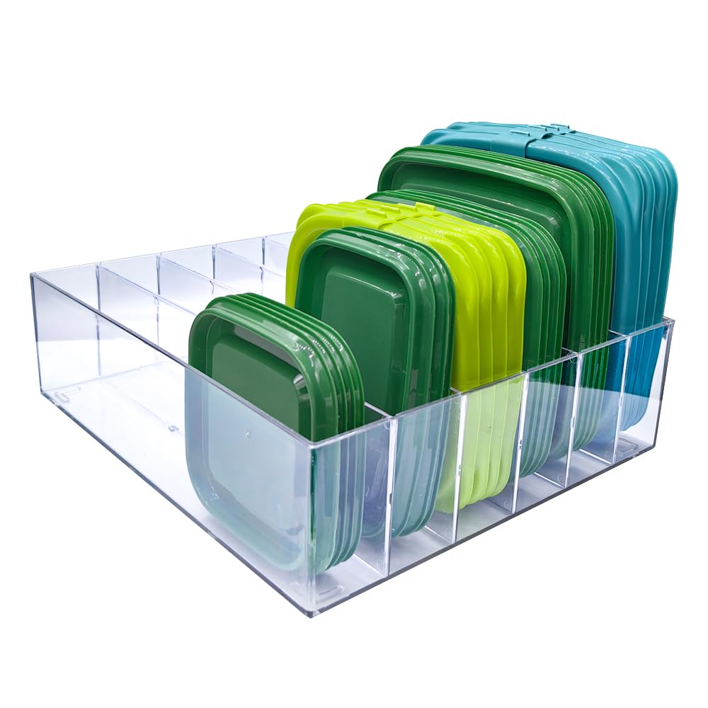 Bawuie Lid Organizer for Food Storage Container, Plastic Lid Holder with 5Adjustable Dividers for Kitchen Pantry Cabinet and Drawer, Countertop Cupboard Lid Organization, Small Clear