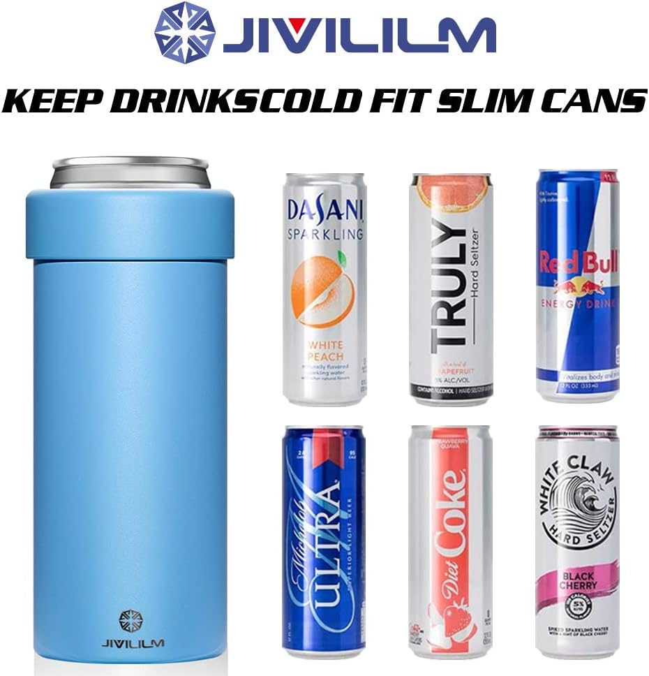 Stainless Steel Insulated Cooler for 12oz Slim Cans | Skinny Can Drinks Holder for Hard Seltzer, Beer, Soda, and Energy Drinks (Sky Blue)